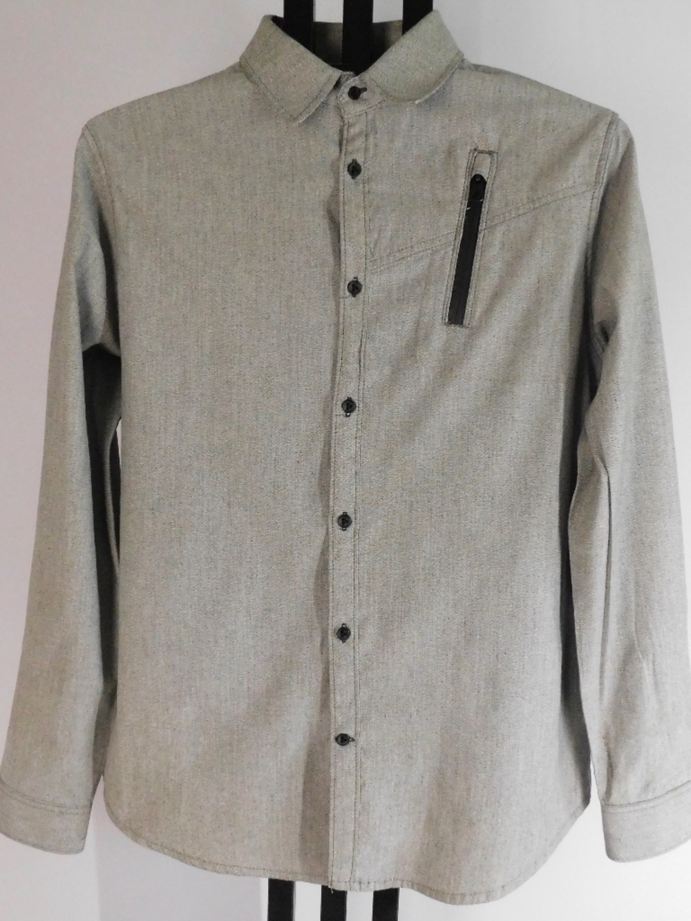 G-Star Raw Men's XL Gray Herringbone Button Up Shirt Zip Chest Pocket Long Sleev